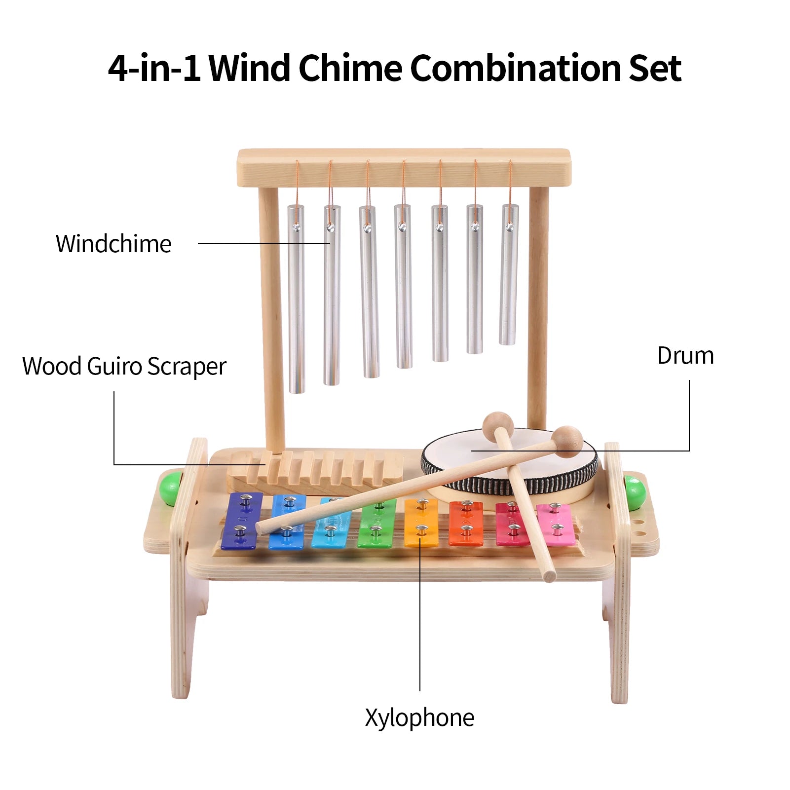 Kids Musical Instrument Set - 4-in-1 Drum, Xylophone, Wind Chime, and Scraper Musical Toy Baby Stork 