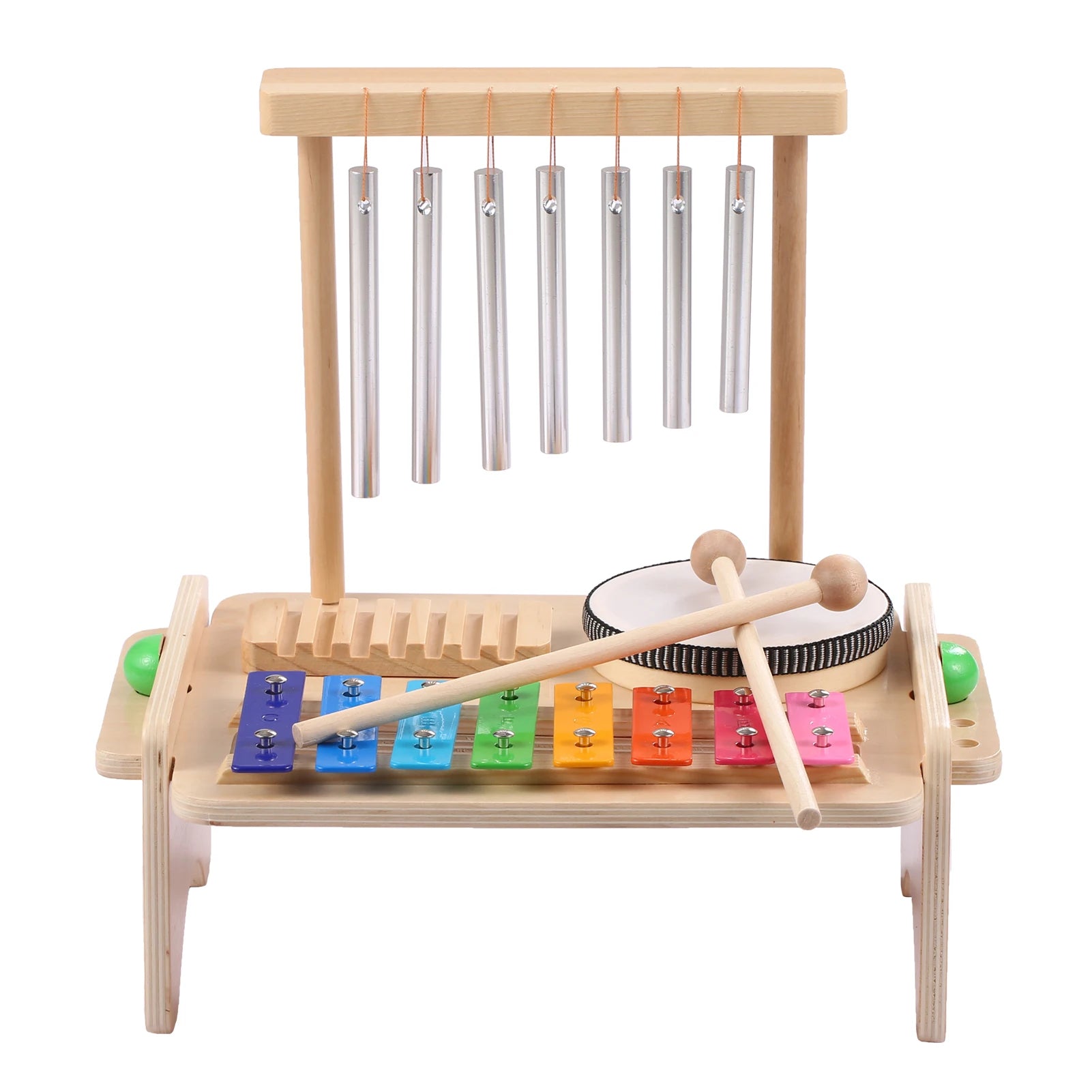 Kids Musical Instrument Set - 4-in-1 Drum, Xylophone, Wind Chime, and Scraper Musical Toy Baby Stork 