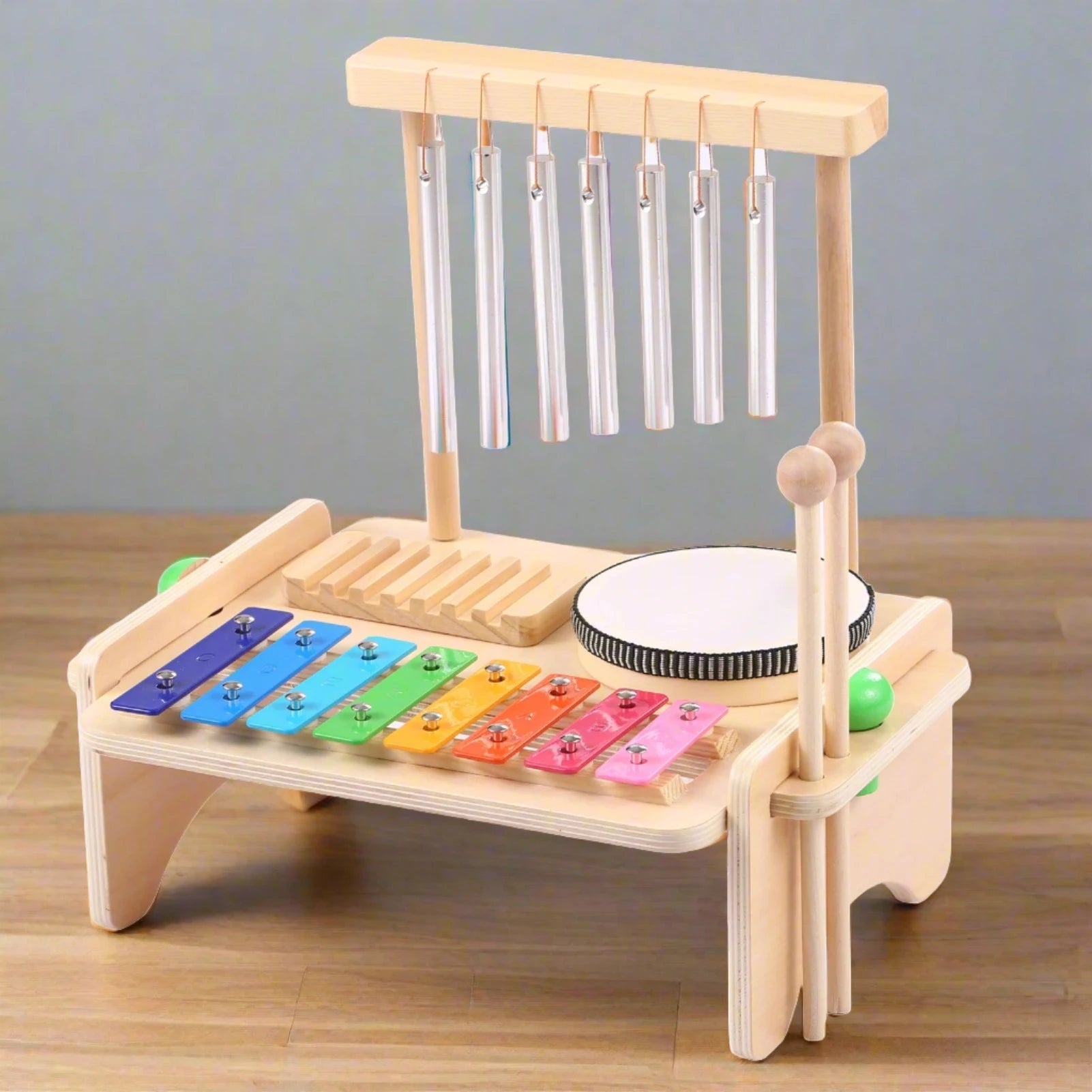 Kids Musical Instrument Set - 4-in-1 Drum, Xylophone, Wind Chime, and Scraper Musical Toy Baby Stork 