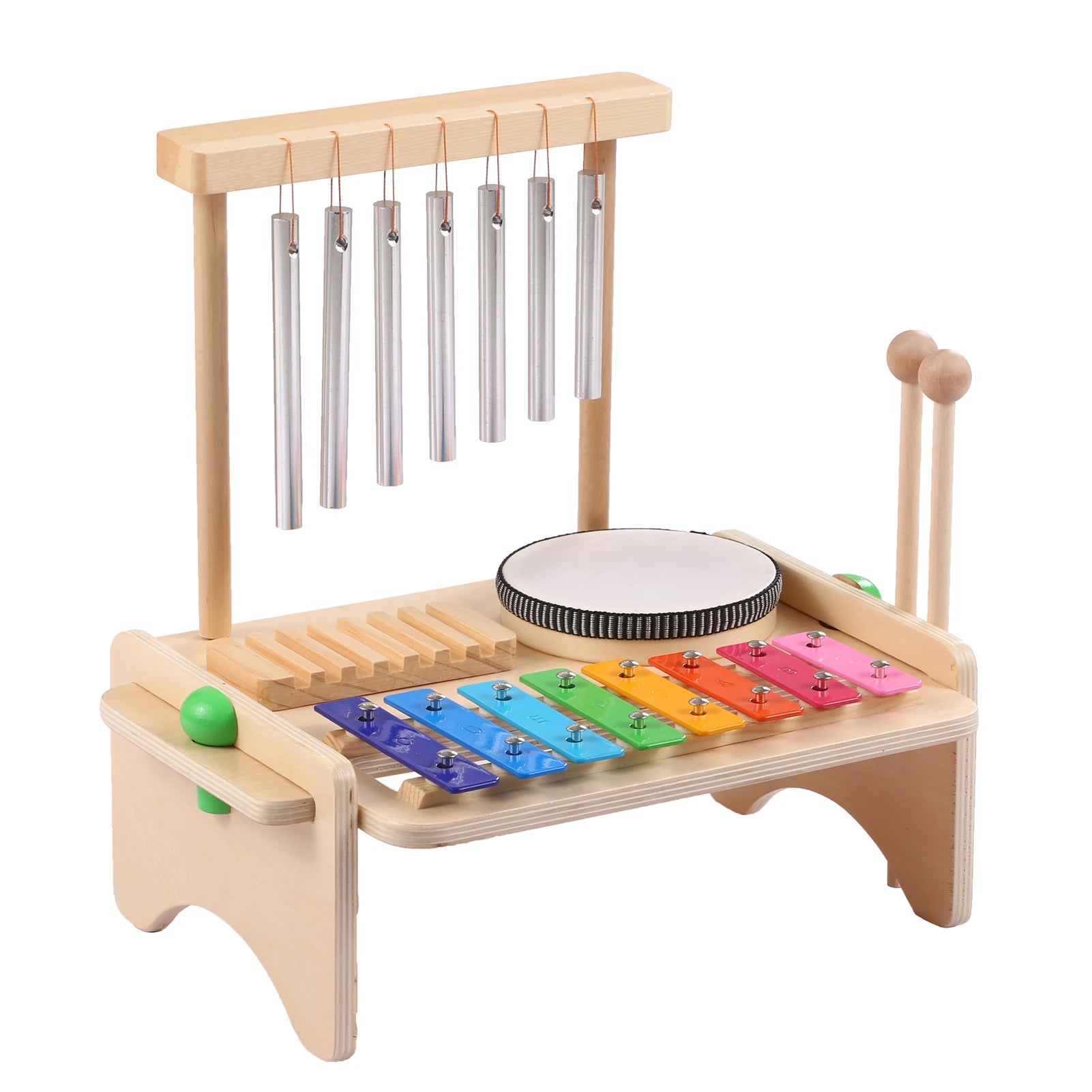 Kids Musical Instrument Set - 4-in-1 Drum, Xylophone, Wind Chime, and Scraper Musical Toy Baby Stork 