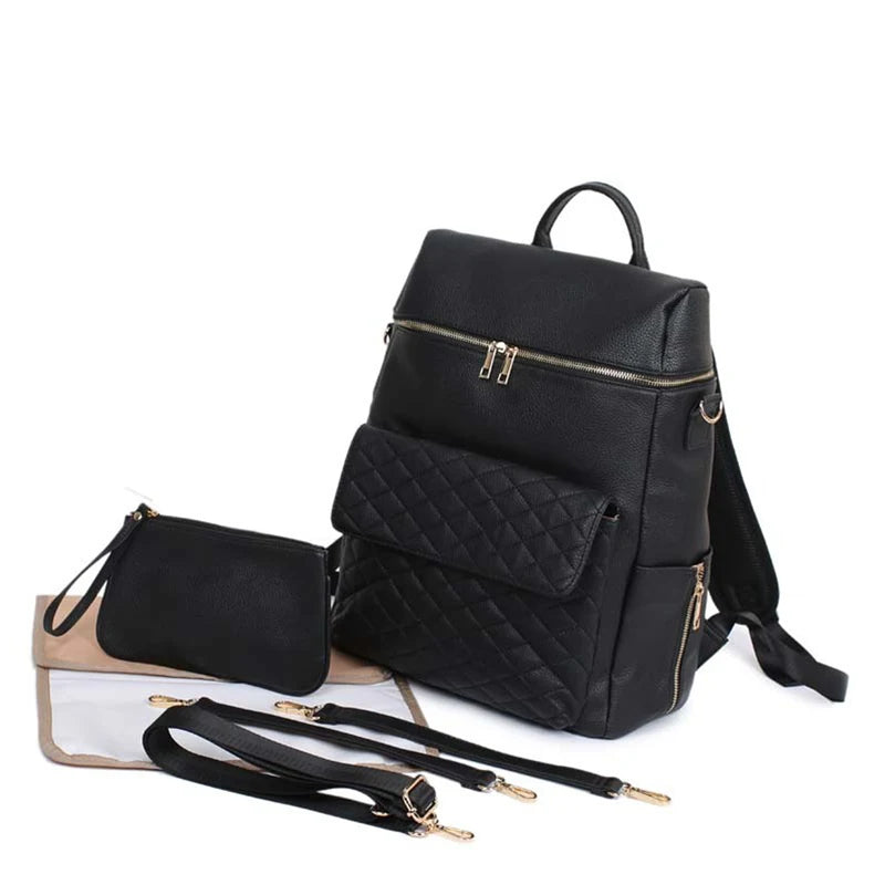 Luxury Vegan Leather Diaper Bag - Quilted Design with large capacity and accessories. Diaper Wet Bags Baby Stork Black 