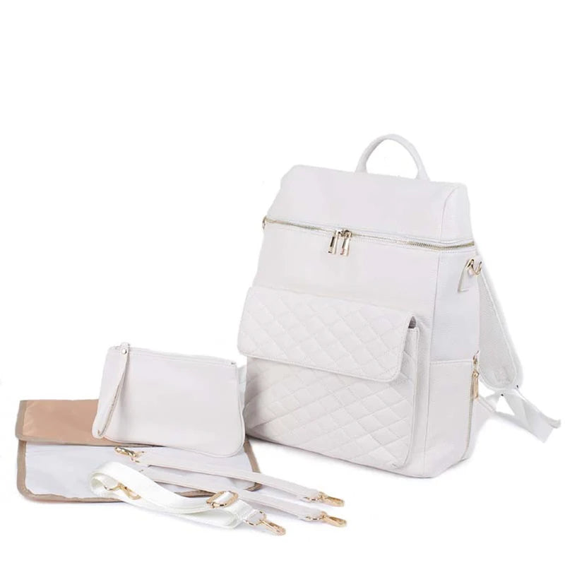 Luxury Vegan Leather Diaper Bag - Quilted Design with large capacity and accessories. Diaper Wet Bags Baby Stork White 