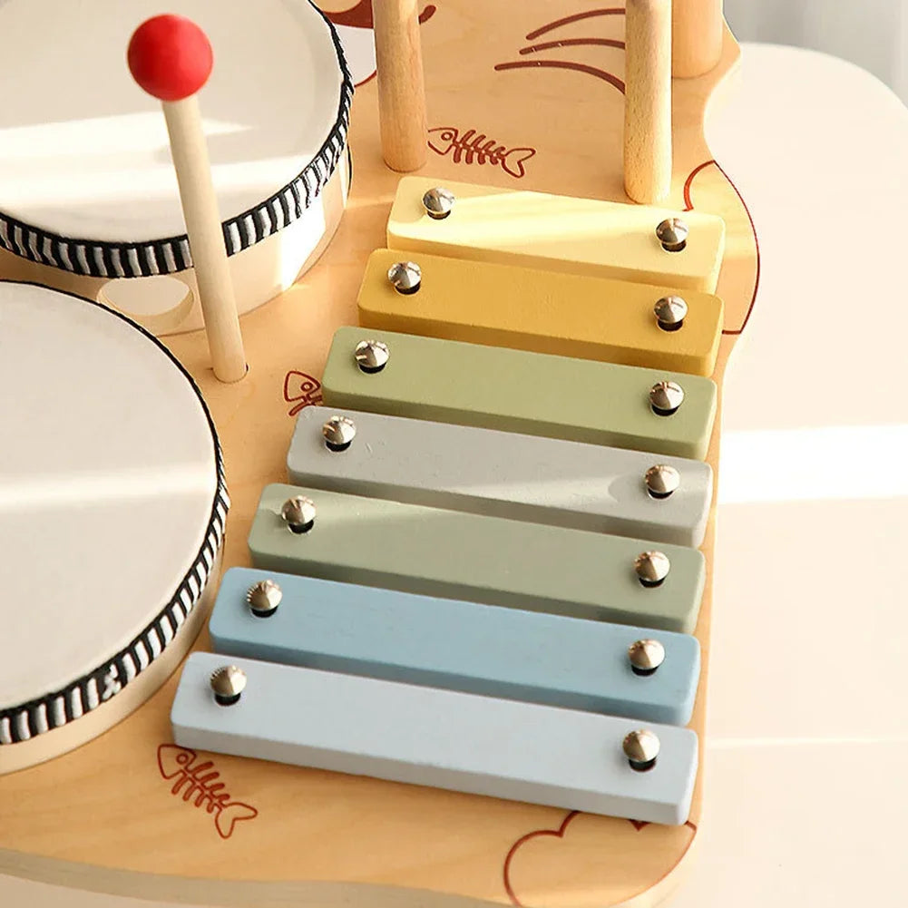 Multifunctional Wooden Drum, Xylophone, and Percussion Set Musical Toy Baby Stork 