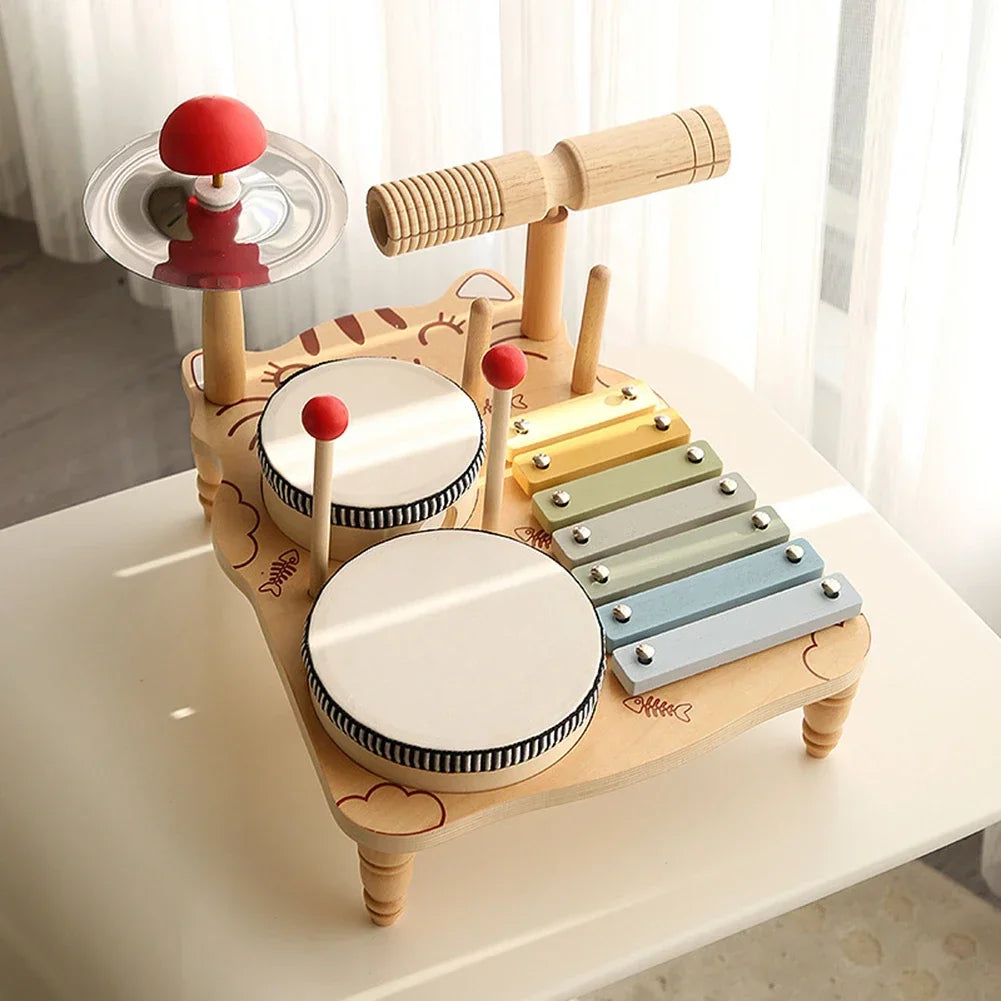 Multifunctional Wooden Drum, Xylophone, and Percussion Set Musical Toy Baby Stork 