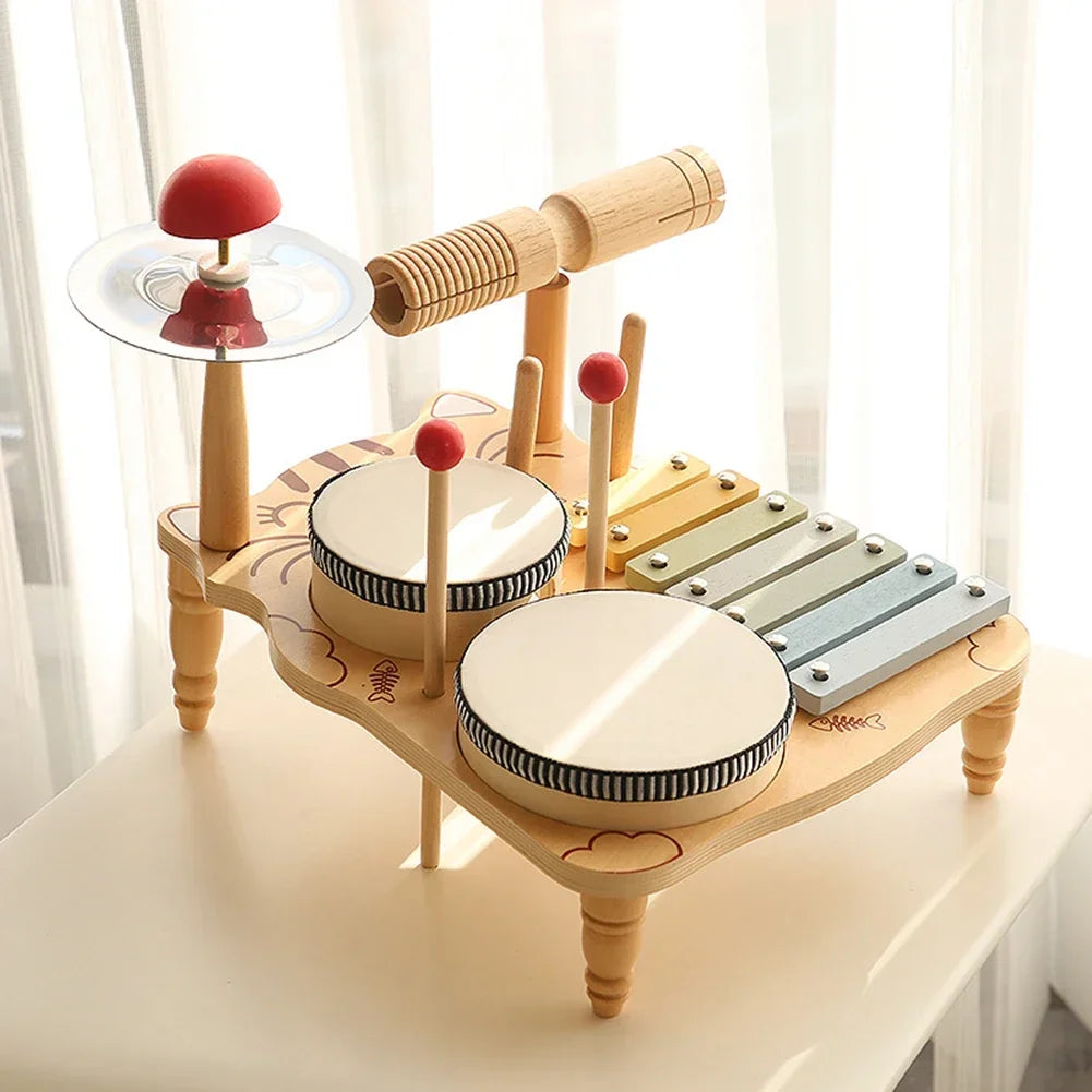 Multifunctional Wooden Drum, Xylophone, and Percussion Set Musical Toy Baby Stork Multicolor 