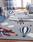 Children's Learning Area Rug - Cartoon Aeroplane and Hot Air Balloon Design for Kids' Room and Playroom