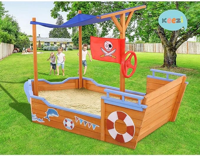 Pirate Adventure Sandpit: Wooden Boat with Canopy & Bench Seat Baby & Kids > Toys Keezi 