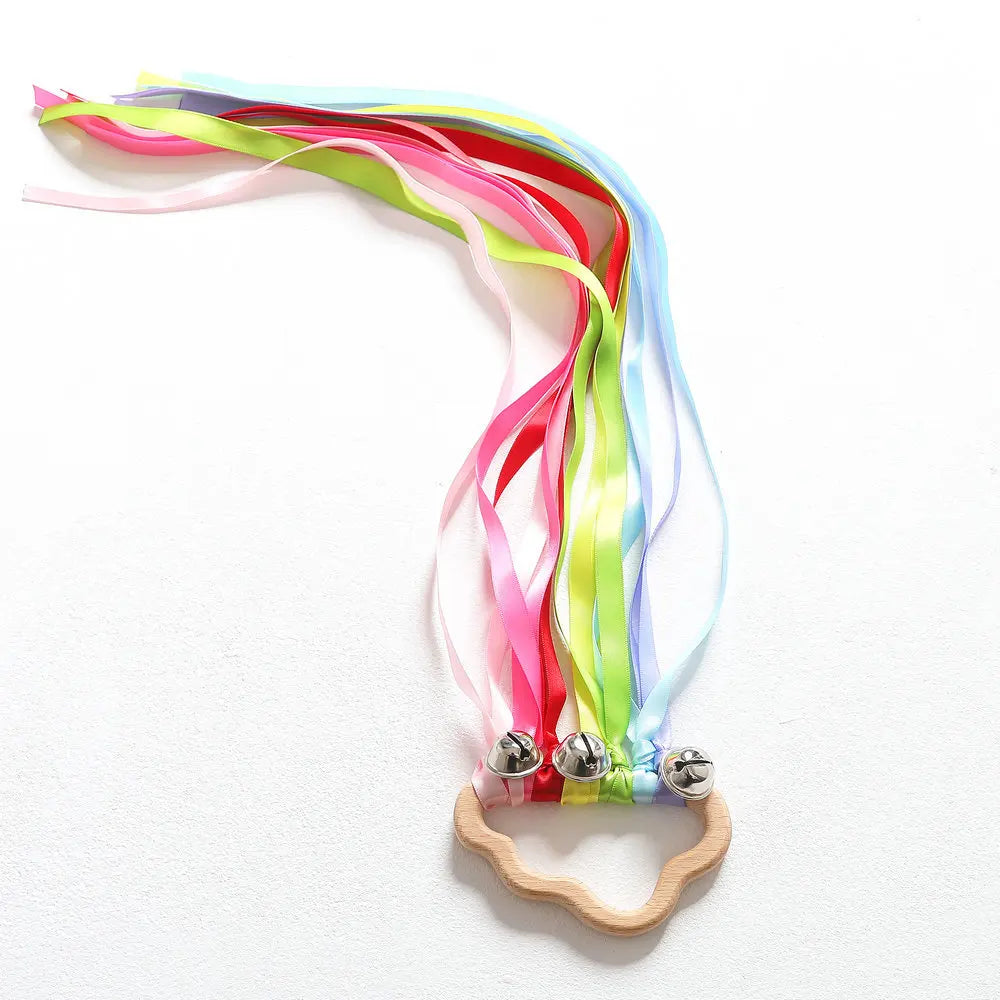 Rainbow Ribbon Ring Sensory Toy Natural Wooden Teether for Babies Baby Stork