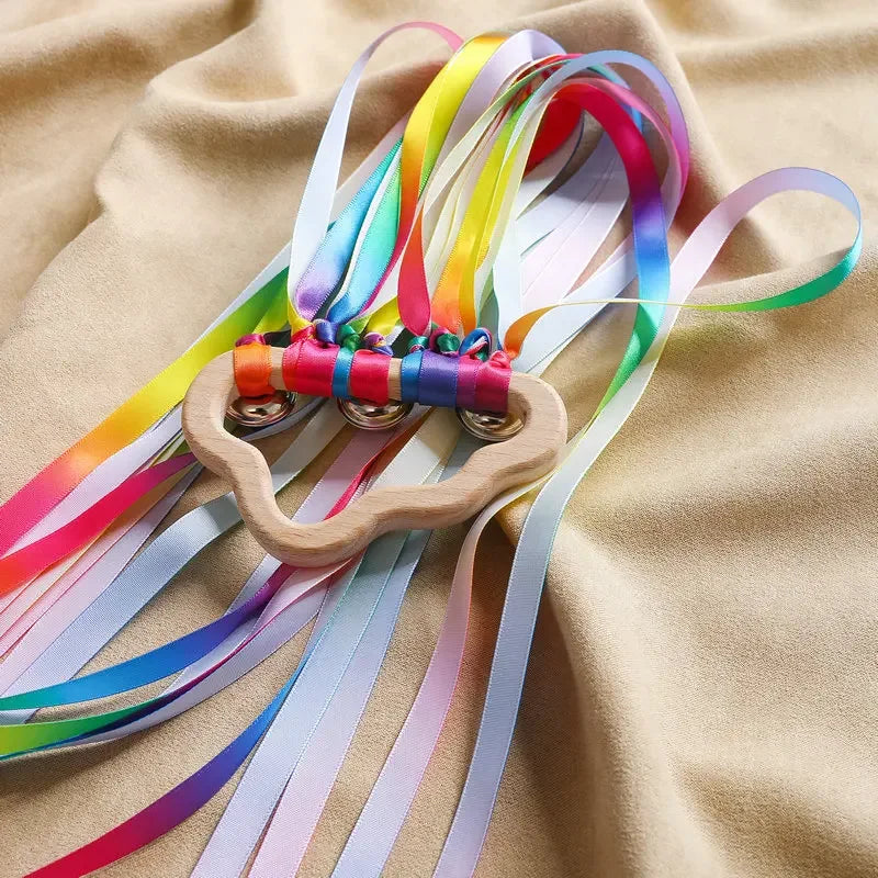 Rainbow Ribbon Ring Sensory Toy - Natural Wooden Teether for Babies Baby Stork 