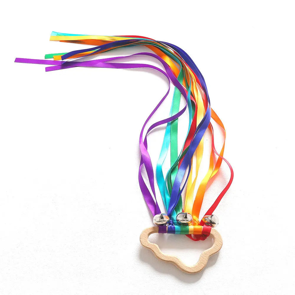 Rainbow Ribbon Ring Sensory Toy - Natural Wooden Teether for Babies Baby Stork 