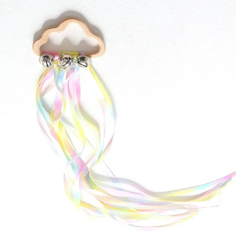 Rainbow Ribbon Ring Sensory Toy - Natural Wooden Teether for Babies Baby Stork Gradient Macaron 