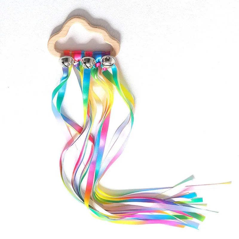 Rainbow Ribbon Ring Sensory Toy - Natural Wooden Teether for Babies Baby Stork Gradient Rainbow 