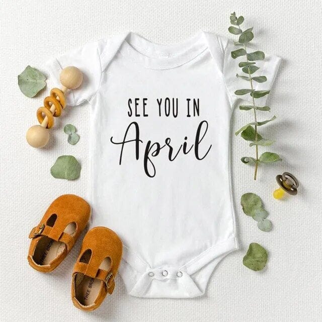 "See You In..." Customisable Arrival Month Baby Announcement Onesie Baby & Toddler Clothing Accessories Baby Stork April 0-3 Months 