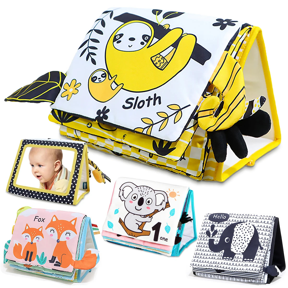 Tummy Time Foldable Mirror with Interactive Sensory Book Baby Stork 
