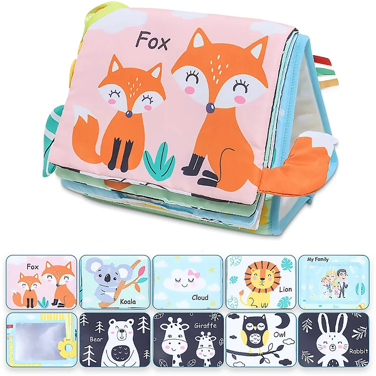 Tummy Time Foldable Mirror with Interactive Sensory Book Baby Stork Fox 