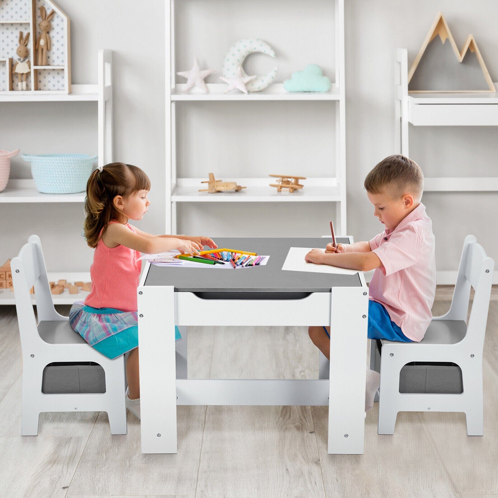 Versatile EKKIO Kids Table & Chairs Set with Chalkboard Top - Grey Baby & Kids > Kid's Furniture EKKIO 