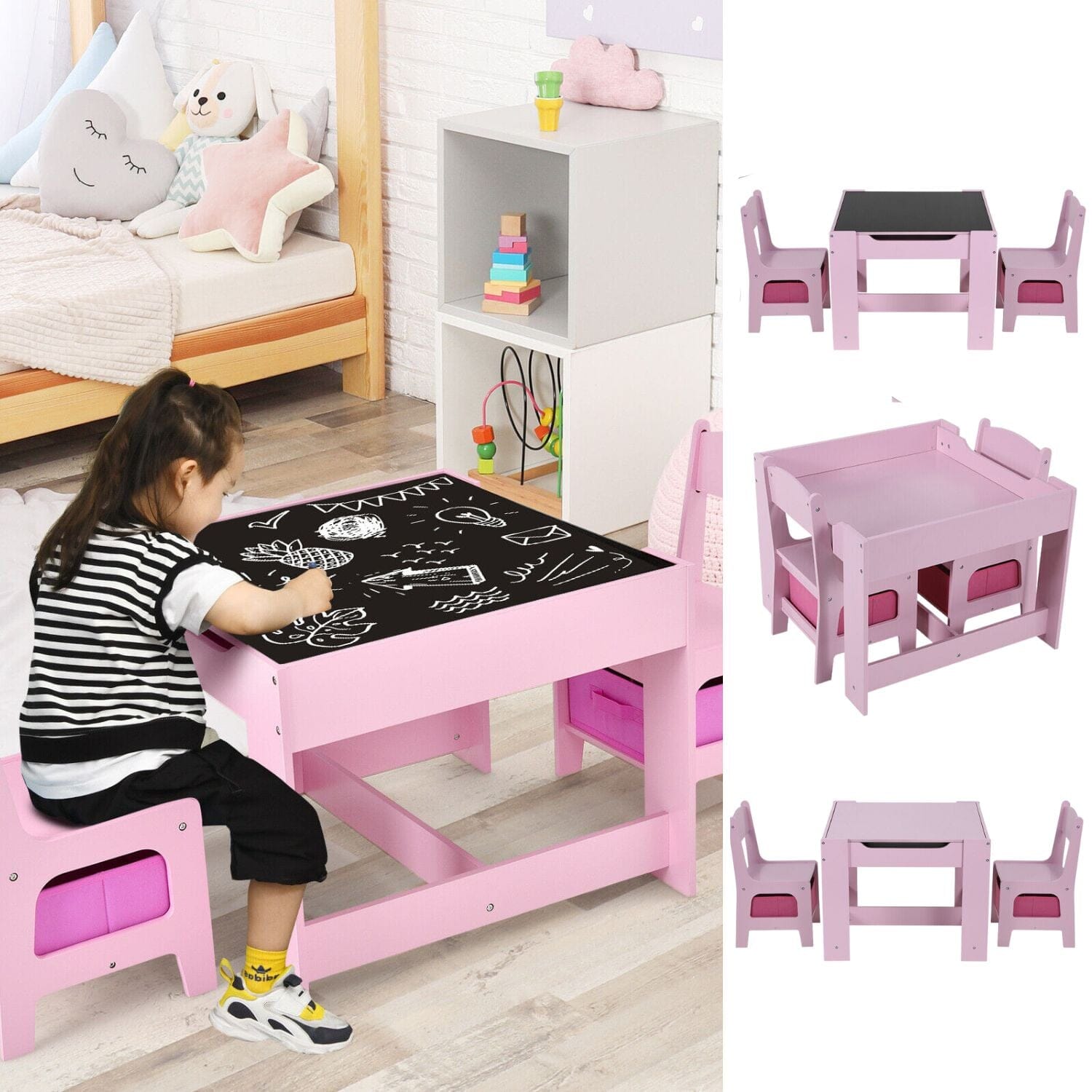 Versatile EKKIO Kids Table &amp; Chairs Set with Chalkboard Top - Pink Baby &amp; Kids &gt; Kid&#39;s Furniture EKKIO 
