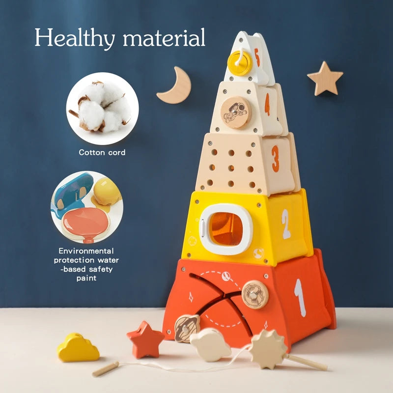 Wooden Montessori Rocket Stacking and Nesting Toy - Educational Building Blocks for Toddlers Baby Toys & Activity Equipment Baby Stork 